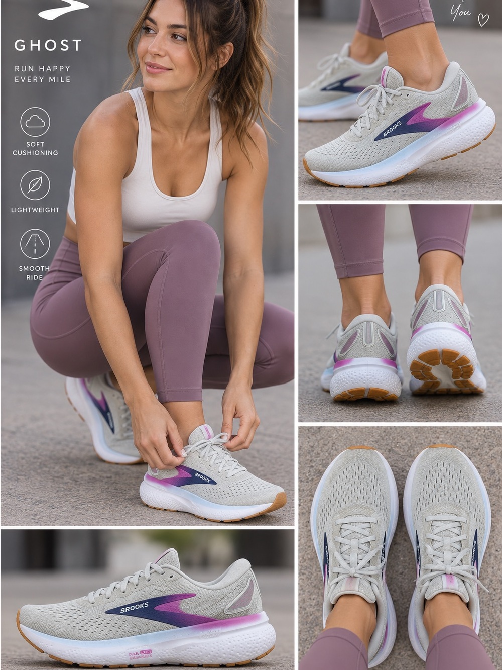 Brooks Ghost 16 women’s size 9 Running Shoes Light Gray with Purple Pink Accents